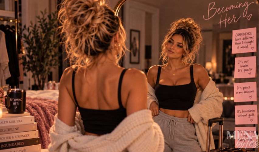 Woman smiling confidently at her reflection, surrounded by reminders of boundaries, peace, and personal growth, representing the realization that true confidence can look quieter, softer, and more grounded than she once imagined.