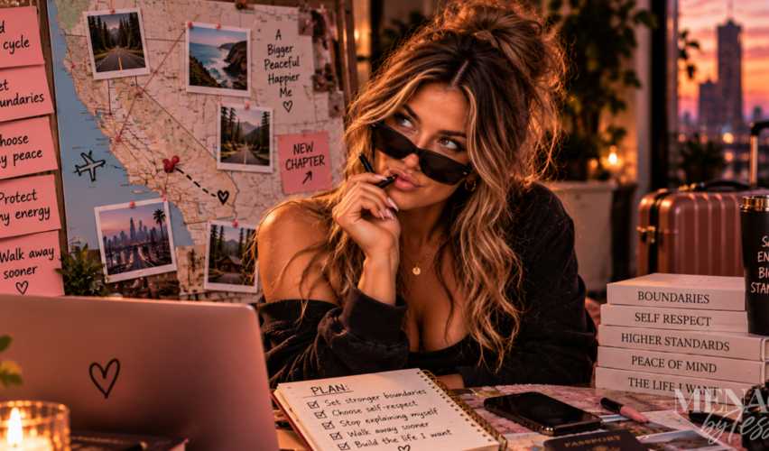 Woman planning her next chapter beside a map filled with boundaries, goals, and reminders to protect her peace, representing the choice to prioritize self-respect even when her feelings make walking away difficult.