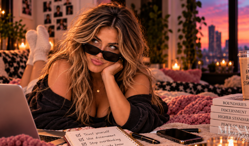 Woman lounging confidently with reminders to trust herself, use discernment, and stop overthinking, representing the realization that sometimes the answers we keep searching for are the ones we already know.