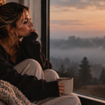 Woman sitting quietly beside a large window overlooking a foggy morning landscape, representing the clarity that comes when silence removes the need to keep guessing what someone’s distance or lack of communication means.