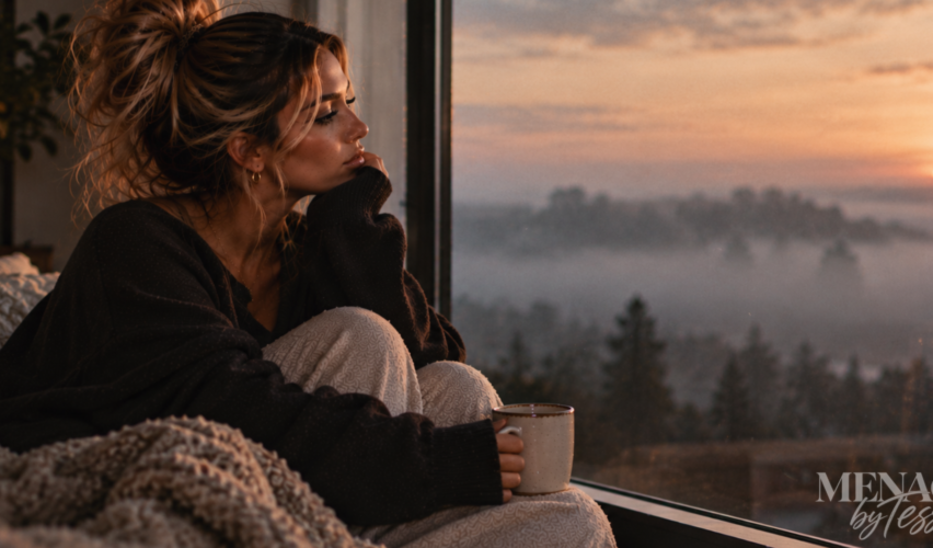 Woman sitting quietly beside a large window overlooking a foggy morning landscape, representing the clarity that comes when silence removes the need to keep guessing what someone’s distance or lack of communication means.