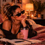 Woman lounging in bed with her dog, sunglasses, and an unimpressed expression, representing the confidence to recognize ridiculous behavior, protect your standards, and respond with a firm “respectfully, absolutely not.”
