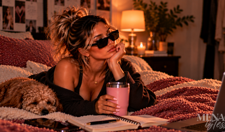 Woman lounging in bed with her dog, sunglasses, and an unimpressed expression, representing the confidence to recognize ridiculous behavior, protect your standards, and respond with a firm “respectfully, absolutely not.”
