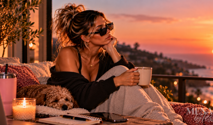 Woman sitting quietly with her dog overlooking the coast at sunset, representing the kind of personal growth that happens when you stop explaining yourself, move in silence, and let your changed choices speak for you.