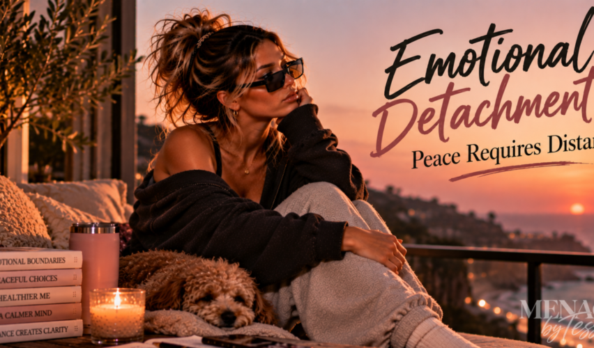 Woman sitting peacefully on a coastal balcony with her dog at sunset, representing how emotional distance can create the space needed to protect your peace, regain perspective, and let go of what disrupts your well-being.