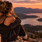 Woman sitting on a rocky mountain overlook at sunset, gazing across a peaceful lake and distant mountains, representing the clarity that comes from stepping back and recognizing breadcrumbing for what it is.