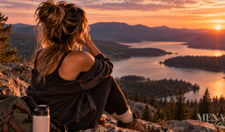 Woman sitting on a rocky mountain overlook at sunset, gazing across a peaceful lake and distant mountains, representing the clarity that comes from stepping back and recognizing breadcrumbing for what it is.