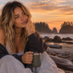 Woman sitting among driftwood on a secluded beach at sunset, holding a warm mug and looking thoughtfully toward the ocean, representing the realization that feelings can be powerful without always telling the truth.