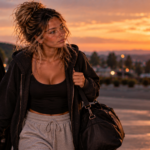 Woman walking away from a car at sunset carrying a duffel bag, representing the strength to leave a situation that no longer honors her and recognizing that sometimes walking away is an act of self-respect.