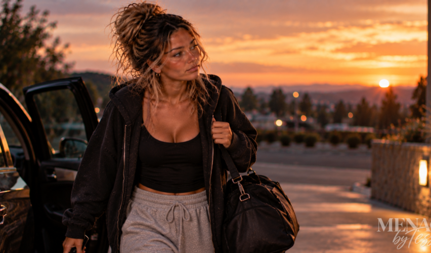 Woman walking away from a car at sunset carrying a duffel bag, representing the strength to leave a situation that no longer honors her and recognizing that sometimes walking away is an act of self-respect.