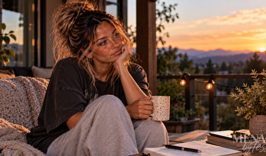 Woman sitting on a porch at sunset with a mug in hand, gazing thoughtfully into the distance, representing the realization that sometimes we fall in love with someone’s potential rather than who they consistently show themselves to be.