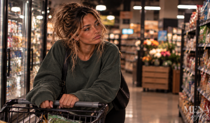 Woman pushing a shopping cart through a grocery store aisle with a thoughtful, knowing expression, representing how what someone avoids saying can reveal just as much as what they choose to say.