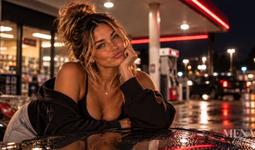 Woman leaning playfully against a car at a gas station at night with a skeptical, unimpressed expression, capturing the humor and disbelief behind recognizing someone else’s bold delusion.
