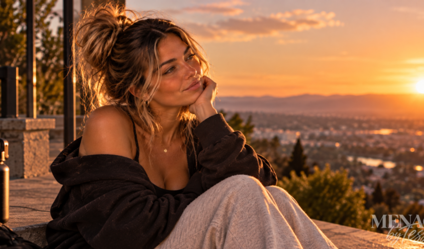 Woman sitting at a scenic overlook during sunset, gazing into the distance with a peaceful expression, symbolizing growth, self-reflection, and leaving behind the version of herself that once settled for less.