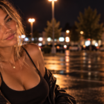 Woman with her hair in a messy updo leaning confidently against a car in a rain-soaked parking lot at night, wearing a knowing expression that symbolizes recognizing repeated patterns instead of calling them bad luck.