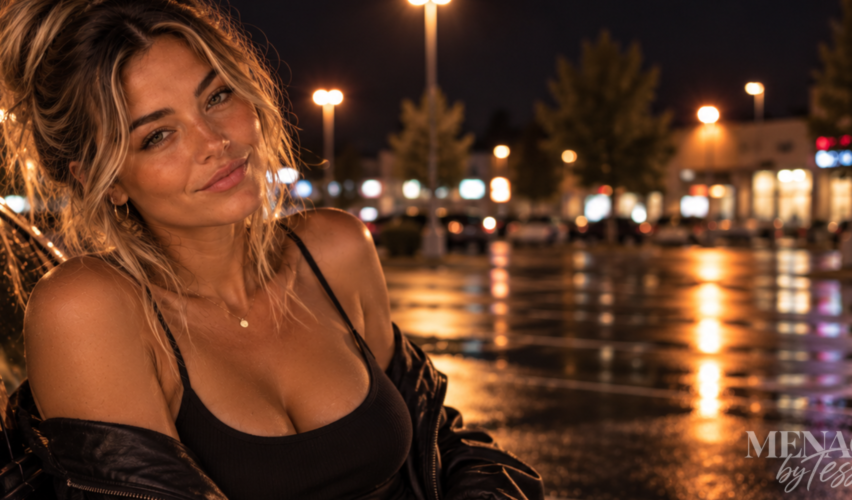 Woman with her hair in a messy updo leaning confidently against a car in a rain-soaked parking lot at night, wearing a knowing expression that symbolizes recognizing repeated patterns instead of calling them bad luck.