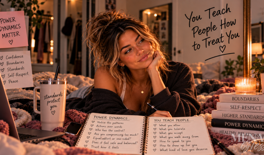 Woman reflecting on boundaries and self-respect in a cozy bedroom, surrounded by reminders that what you allow, accept, and walk away from helps teach others how to treat you.