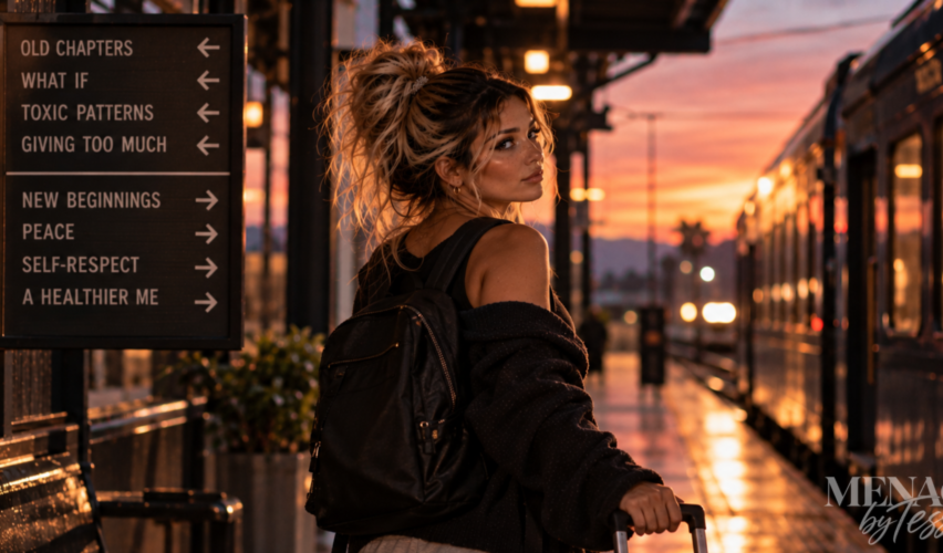 Woman walking away from a train station with her luggage, representing the realization that the emotional goodbye happened long before she physically left—and choosing peace, self-respect, and a new beginning.
