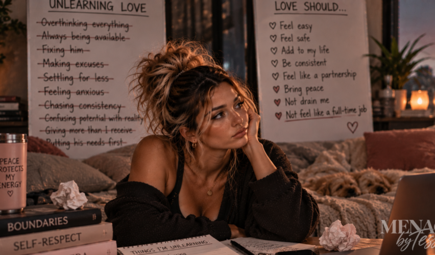 Woman surrounded by reminders of old relationship patterns and healthier expectations, representing the realization that love should bring consistency, safety, and mutual effort—not feel like an exhausting full-time job.