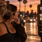 Woman standing at a city intersection staring at a glowing “This Is Your Sign” message, representing the moment you stop waiting for more proof and trust what you already know.