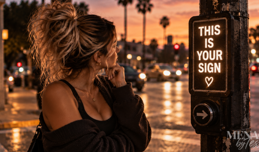 Woman standing at a city intersection staring at a glowing “This Is Your Sign” message, representing the moment you stop waiting for more proof and trust what you already know.