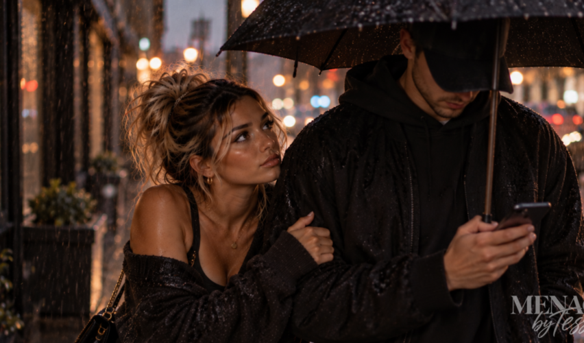 Woman standing in the rain beside a distracted man who is focused on his phone, representing the painful realization that receiving someone's attention is not the same as feeling secure, valued, or emotionally safe.