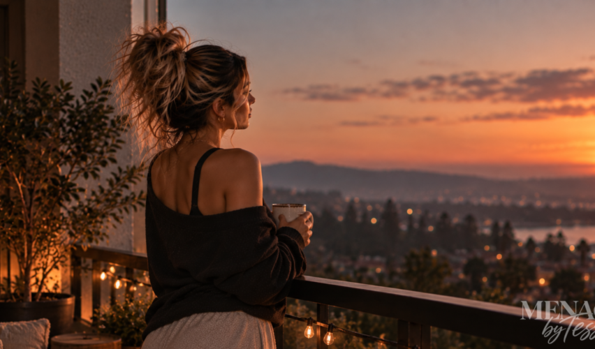 Woman standing alone on a balcony overlooking the sunset, representing the importance of recognizing where your energy is being drained and choosing to protect your time, attention, and peace.
