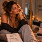 Woman reflecting in a cozy bedroom surrounded by reminders of boundaries and self-respect, representing how strong personal standards protect your peace, emotional well-being, and sense of self.