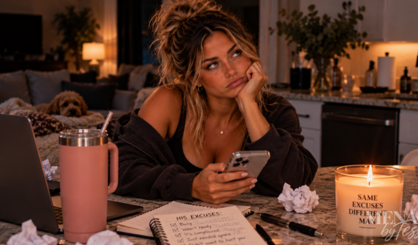 Woman sitting at a kitchen counter late at night, looking exhausted and unimpressed as she reads another message on her phone, capturing the frustration of hearing the same excuses over and over again.