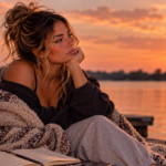 Woman sitting quietly on a dock at sunset, wrapped in a blanket as she looks across the water, symbolizing emotional detachment and realizing she doesn’t have to carry old pain forever.