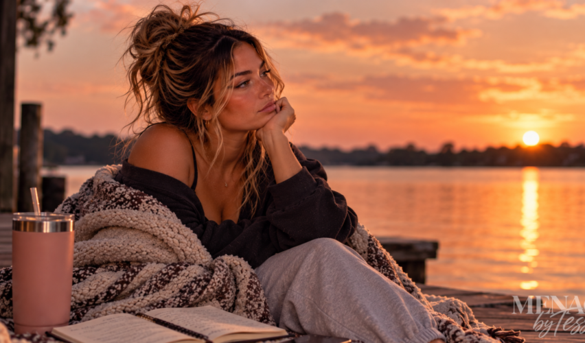Woman sitting quietly on a dock at sunset, wrapped in a blanket as she looks across the water, symbolizing emotional detachment and realizing she doesn’t have to carry old pain forever.