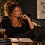 Confident woman relaxing behind her desk in a stylish office, representing the idea that genuine power comes from self-respect, boundaries, and confidence rather than controlling others.