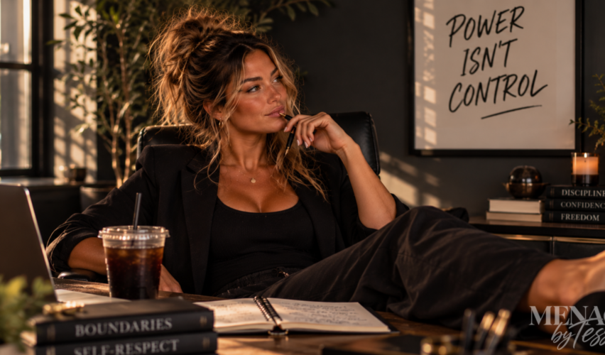 Confident woman relaxing behind her desk in a stylish office, representing the idea that genuine power comes from self-respect, boundaries, and confidence rather than controlling others.