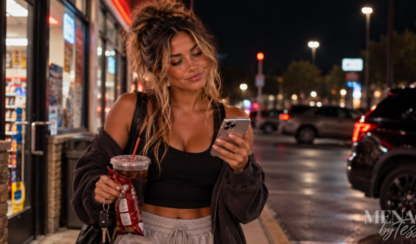Woman leaving a convenience store late at night, checking her phone with an amused, knowing smirk after receiving an unexpected midnight text.