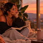 Woman sitting thoughtfully by a large window at sunset with a journal in her lap, reflecting on accepting when a chapter has run its course and finding the courage to let it end.
