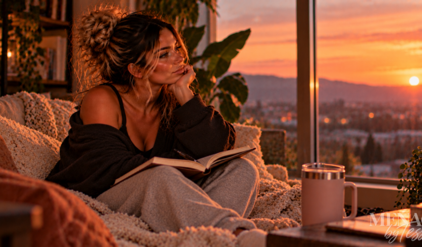 Woman sitting thoughtfully by a large window at sunset with a journal in her lap, reflecting on accepting when a chapter has run its course and finding the courage to let it end.