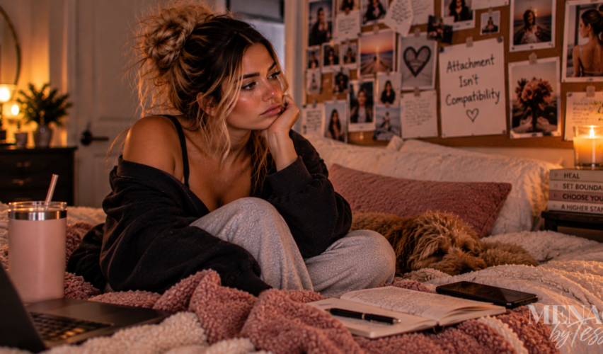 Woman sitting thoughtfully on her bed surrounded by reminders of past relationships, reflecting on the realization that feeling deeply attached to someone doesn’t necessarily mean they’re compatible with you.