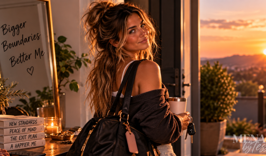 Woman walking toward an open doorway with a packed bag and keys in hand, looking back with a confident smile as she leaves an old chapter behind, symbolizing how having an exit plan can create the freedom to finally choose yourself.