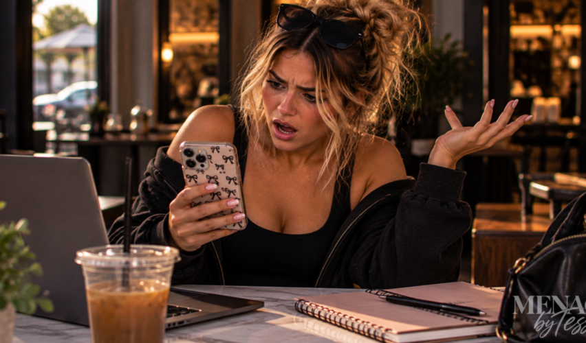 Woman staring at her phone in disbelief at a café with an exasperated expression, capturing the kind of outrageous behavior that makes you think, “You seriously can’t make this up.”