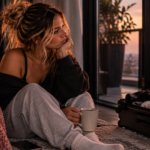 Woman sitting quietly beside a window with a packed suitcase nearby, reflecting on the realization that closure can come from choosing to move forward rather than having one more conversation.