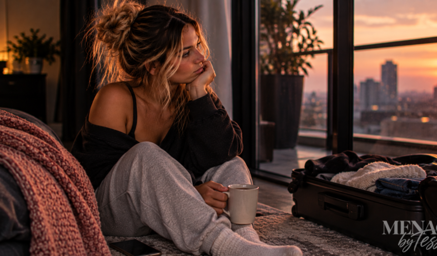 Woman sitting quietly beside a window with a packed suitcase nearby, reflecting on the realization that closure can come from choosing to move forward rather than having one more conversation.