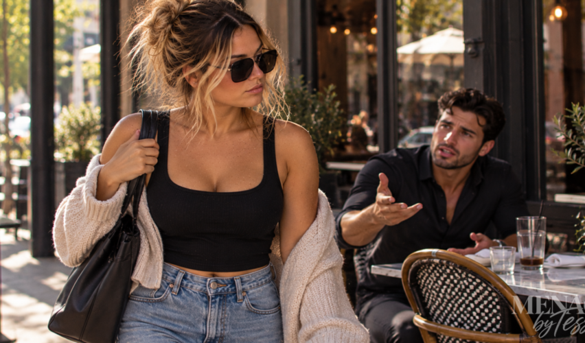 Woman confidently walking away from a conversation at an outdoor café while a man continues arguing behind her, representing the choice to enforce boundaries without repeatedly explaining them.