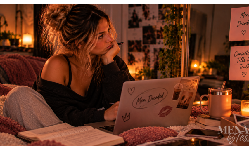 Woman reviewing notes on her laptop and reflecting on relationship patterns, reinforcing the idea that consistent actions reveal the truth more clearly than words or promises.