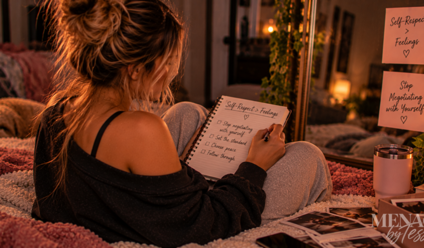 Woman journaling about her standards and boundaries, reflecting on choosing self-respect over feelings and refusing to keep negotiating with herself.