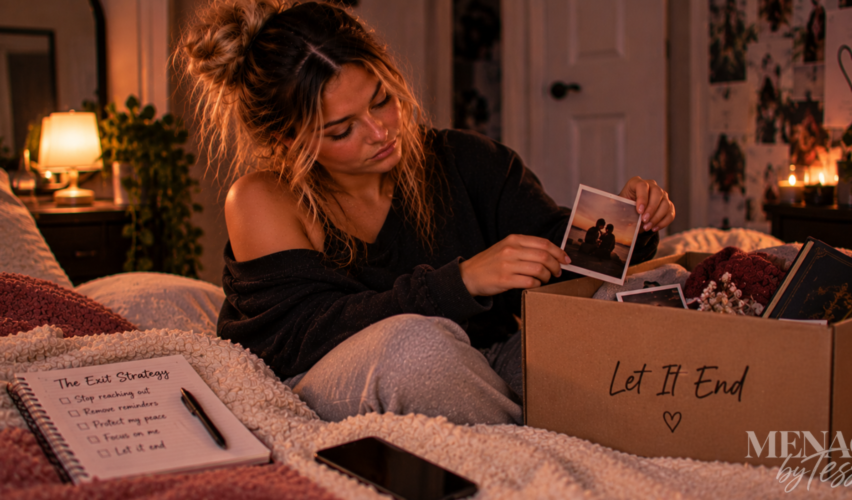 Woman packing away photos and memories from a past relationship, symbolizing the decision to stop holding on, protect her peace, and finally let it end.