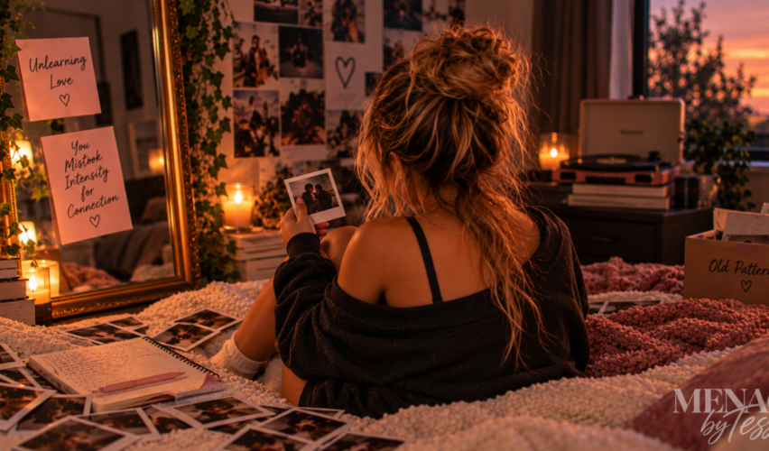 Woman sorting through old photos and reminders of a past relationship, reflecting on how emotional intensity can be mistaken for genuine connection while unlearning old patterns.