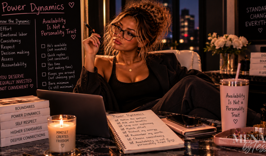 Confident woman reflecting on relationship power dynamics and the difference between someone being available and being genuinely invested, consistent, and respectful.