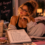 Woman reflecting on her standards and self-worth, surrounded by reminders to stop settling and choose consistent effort over bare-minimum treatment.