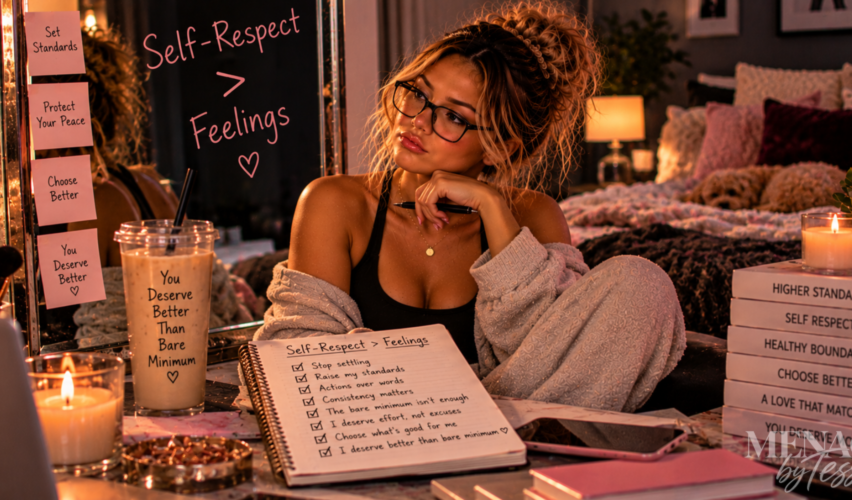 Woman reflecting on her standards and self-worth, surrounded by reminders to stop settling and choose consistent effort over bare-minimum treatment.