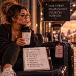 Woman waiting at a train station with packed luggage, preparing to move forward and leave behind a relationship that no longer deserves a place in her future.